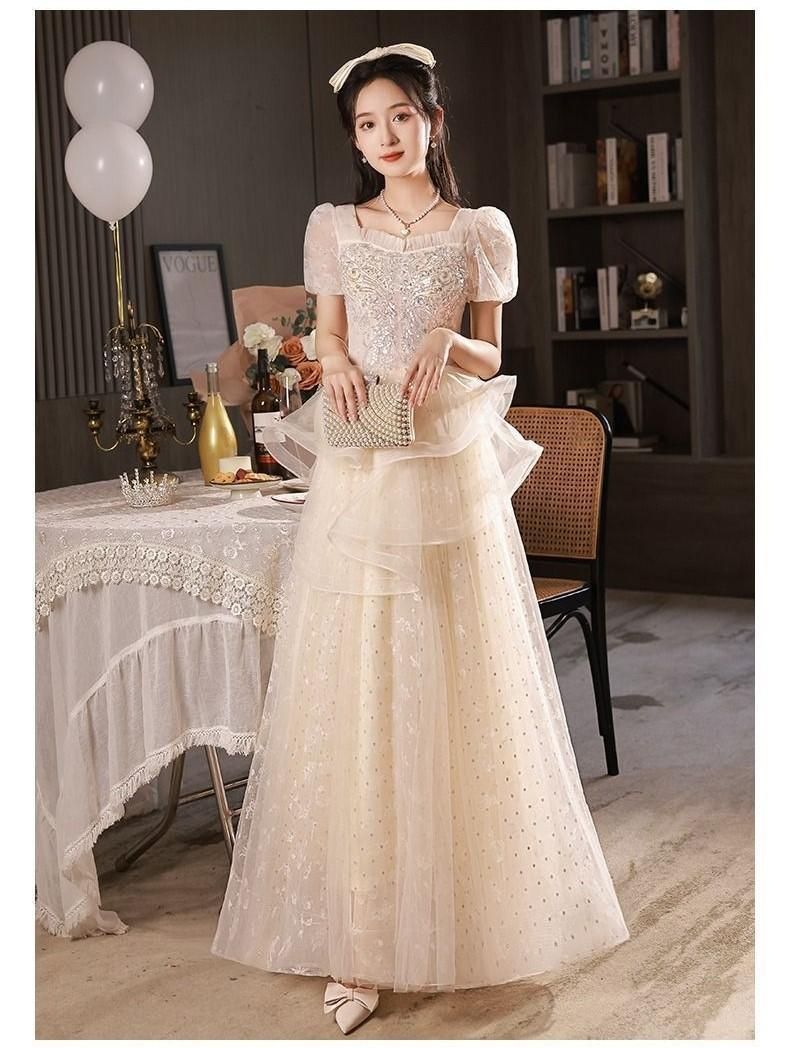 C270 キラキラ チュール トレーン ミディアムドレス 華やか 二次会  