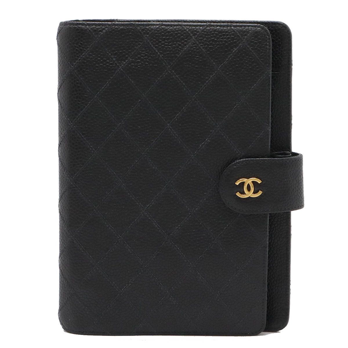 CHANEL シャネル ビコローレ ココマーク アジェンダMM 手帳カバー 6穴式 システム手帳 キャビアスキン レザー ブラック 黒 ゴールド金具