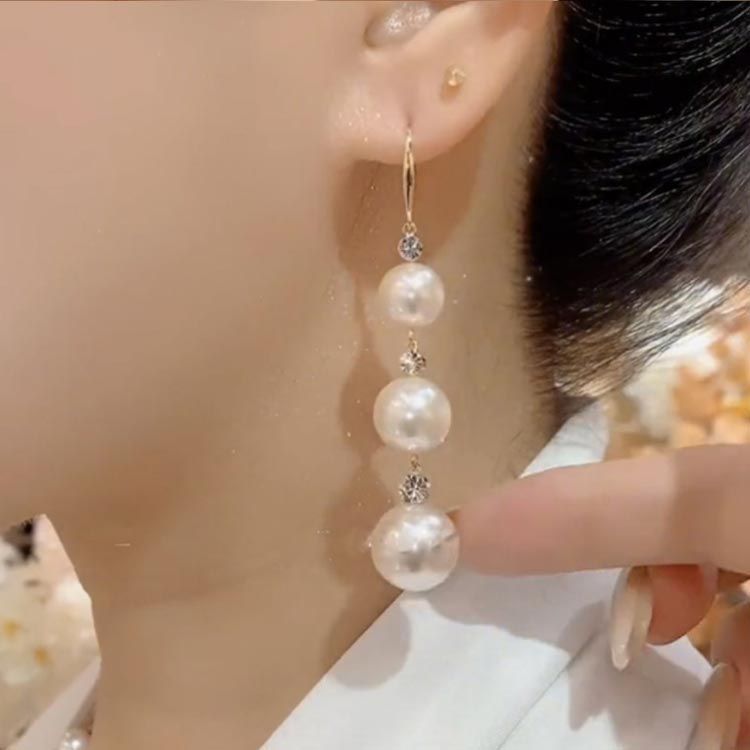 パール ピアス 大ぶり 3連 3粒 ロング パールピアス 揺れる