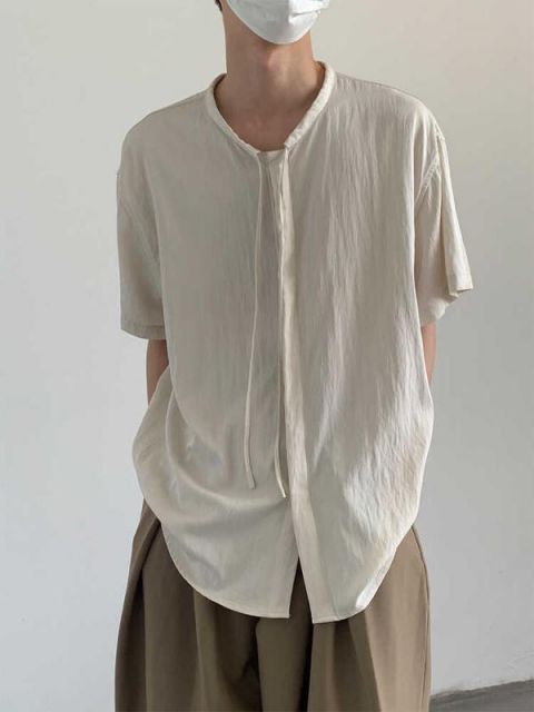 種類11：3XL/A：黒 秋冬 コーデ メンズ  服 シンプル ファッション オシャレ 大人 かっこいい 大きいサイズ ストリート 紳士服  レトロ 薄手 綿 リネン 半袖 シャツ ゆったりノー カラー カップ