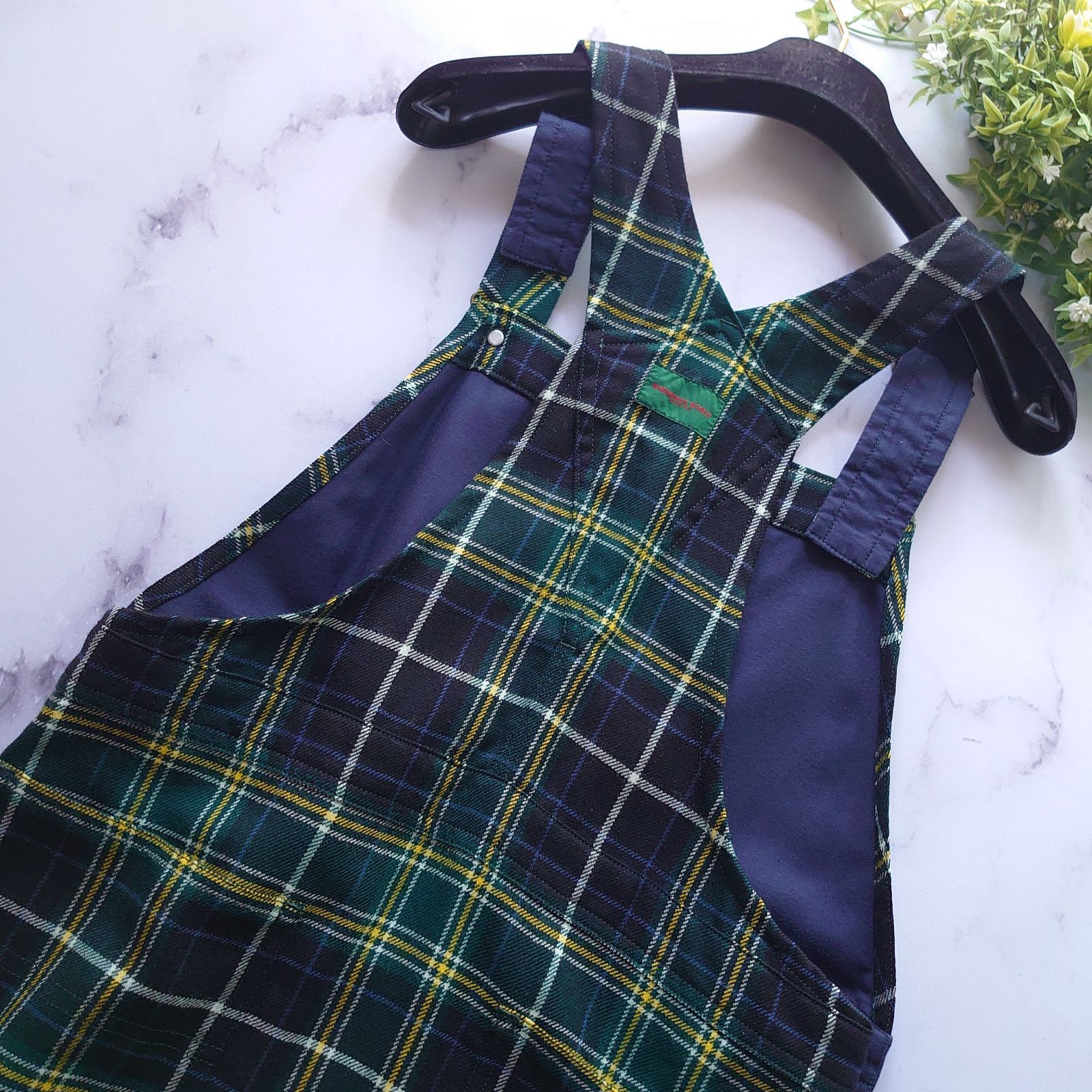 ワンダフルワールド ロゴ ジャンパースカート チェック ワンピース 緑