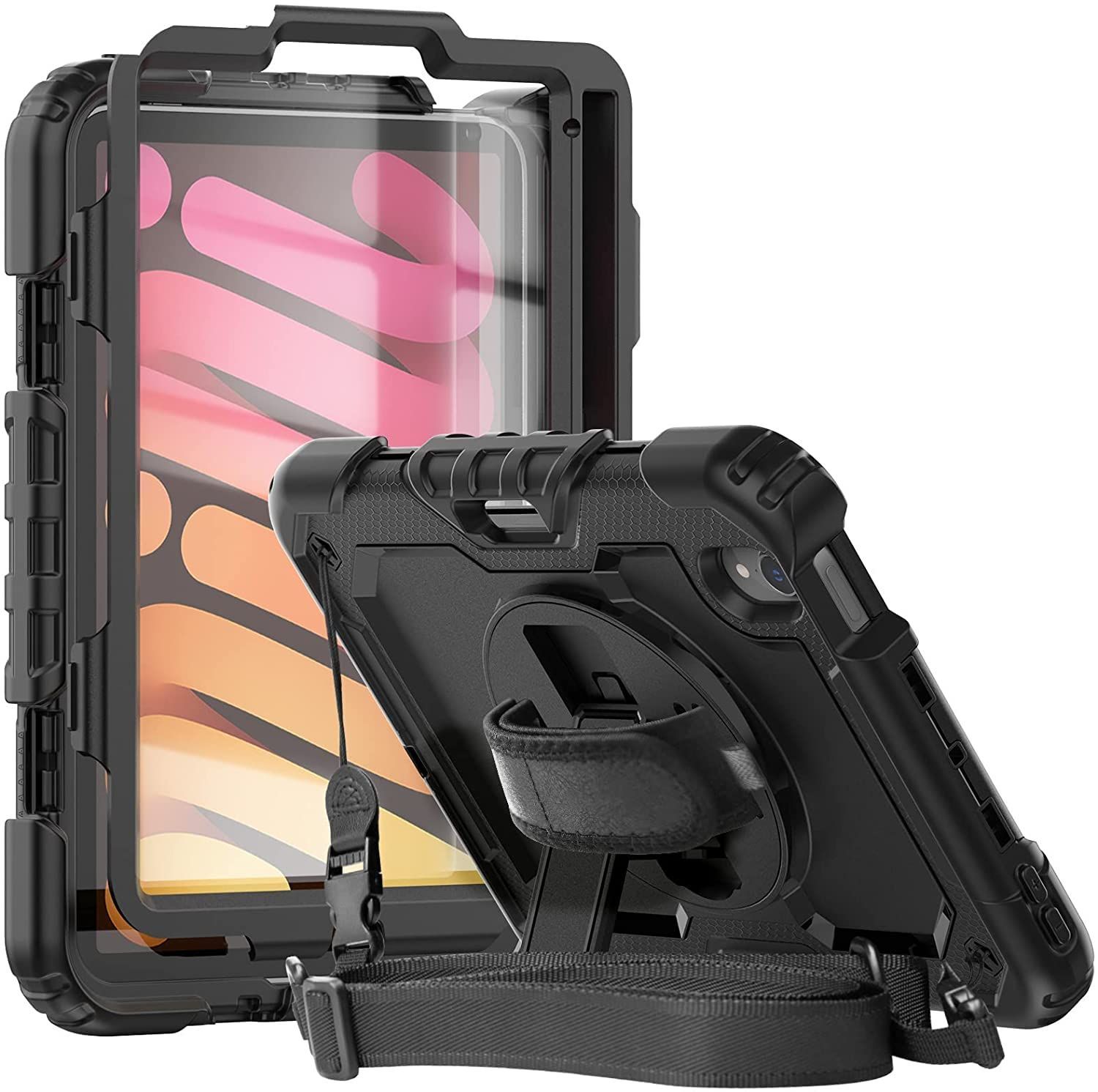 ストラップ 肩掛けー 防塵 スタンド ハンドホルダー 縦置き 耐衝撃 三層 回転 360度 Pencil収納 ペンホルダー 子供 保護フィルム付き カバー ケース キッズ 8.3インチ 第6 7世代 Pro 持ち運び mini 7 A