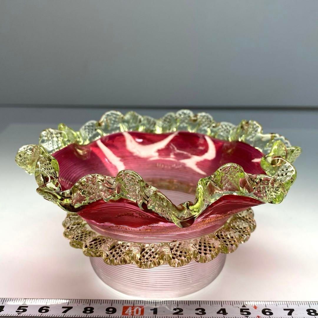 時代 ウラングラス フリル鉢 幅13.7㎝ 東な6-0503