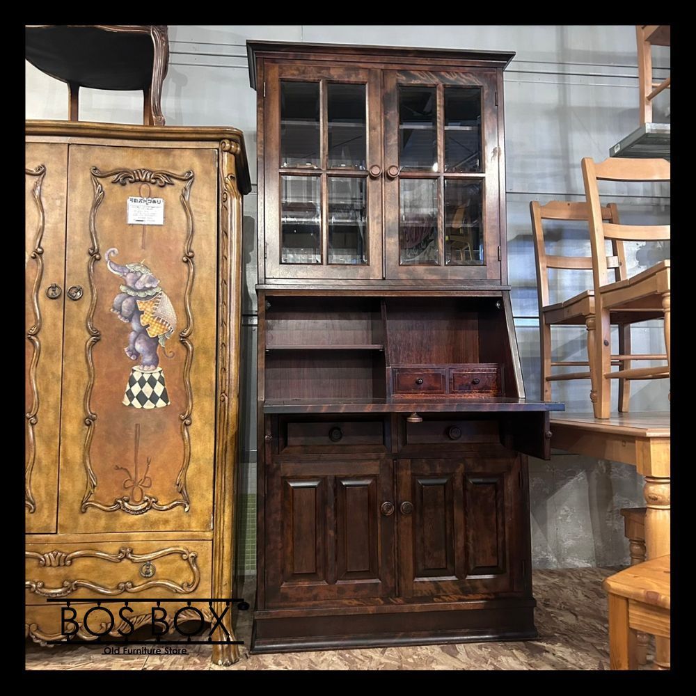 ライティングビューロー 大型 チェスト ガラス戸 上下分解 ダークブラウン●KB07N057