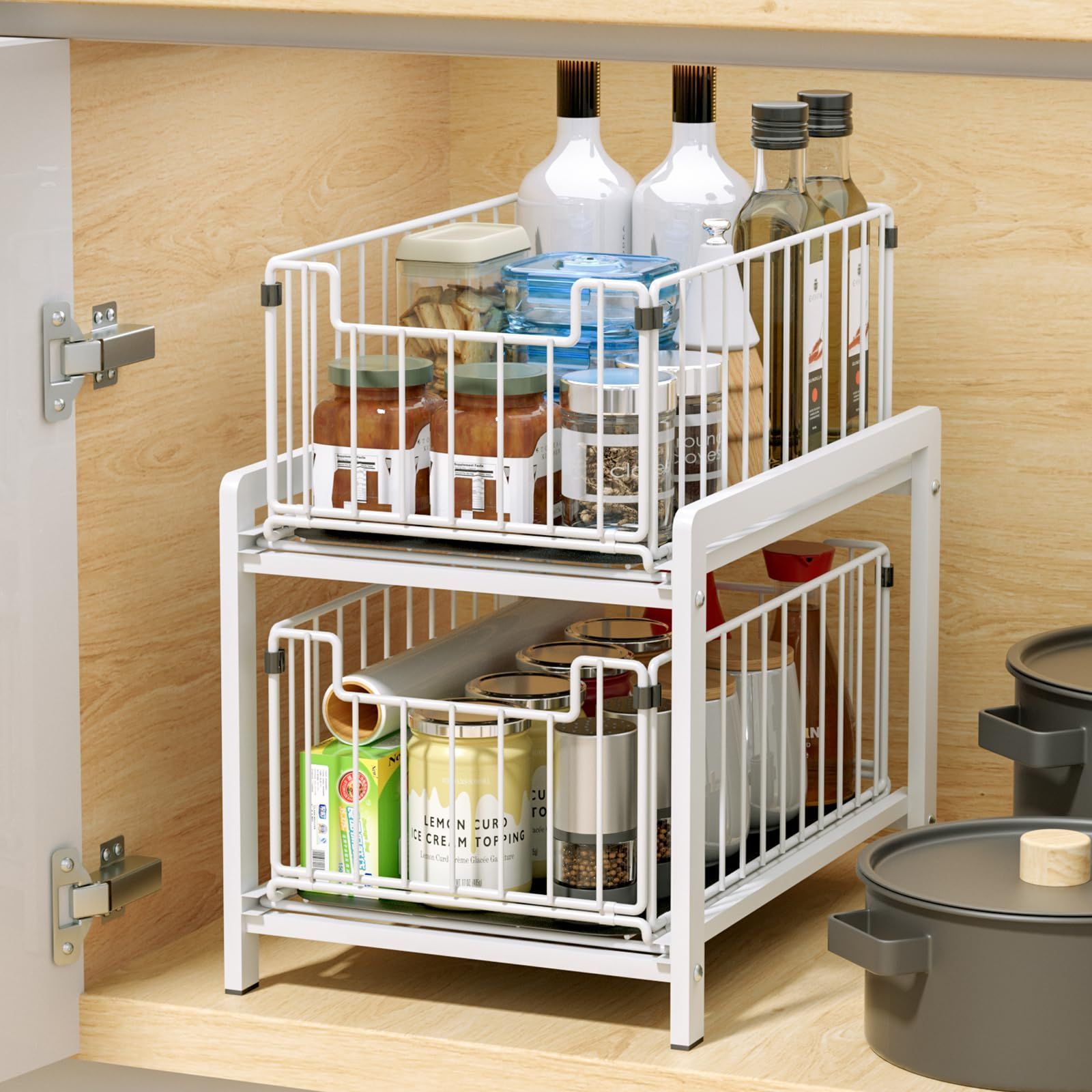 新品 シンク下ラック 収納 スライド 大容量 引き出し 2段 キッチン収納 洗面台下 収納ラック キッチンラック 台所 整理収納 キッチンストッカー スチール製丈夫 シンク下収納ラック(White)