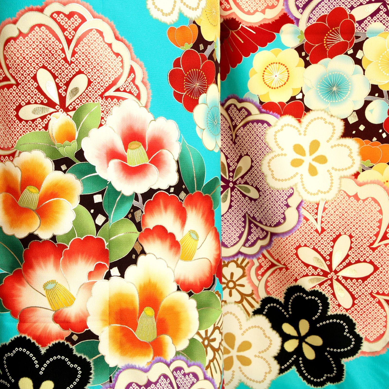 【美品】振袖フルセット成人式6点セット　オレンジ/緑/黒/ピンク/花柄/絞り柄 絵羽柄 振袖6点セット 販売 購入「青紫地に桜と結び」振袖