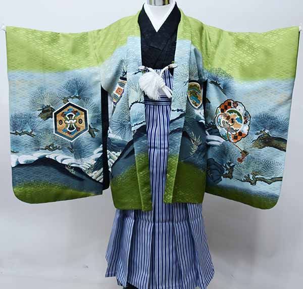 七五三 五歳 男児 羽織袴フルセット 着物 綸子地 黒地 鷹 金襴袴 袴変更可能 七五三 五歳 男児 羽織袴フルセット 着物 黒地 綸子地 鷹 縞袴