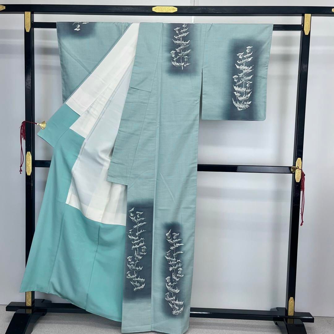 付下げ 紬 植物柄 縦暈し 豆青色 しつけ糸 K-4016 - メルカリ 