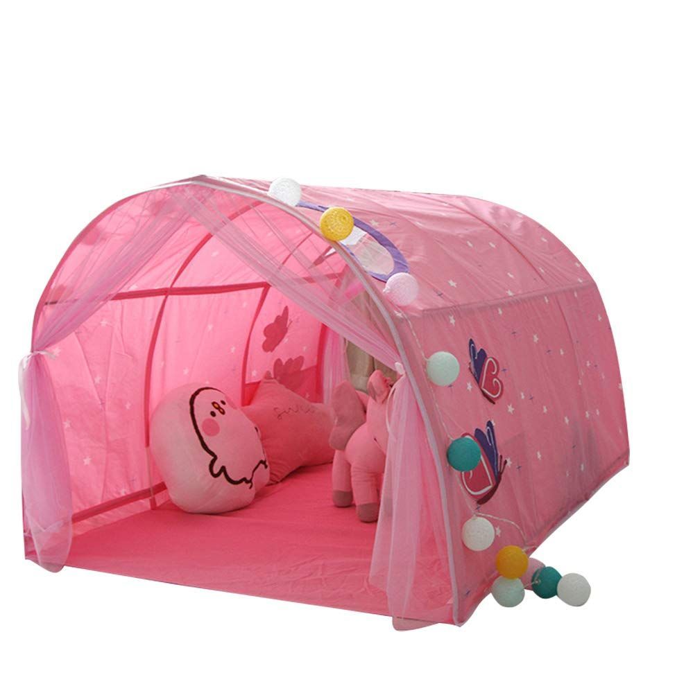 ベッドテント プレイハウス 子供用 キッズプレイテント 部屋のインテリア トンネルテント ベッド転倒防止 ベビー寝ているおもちゃ 2-14歳 蚊帳付きピンク