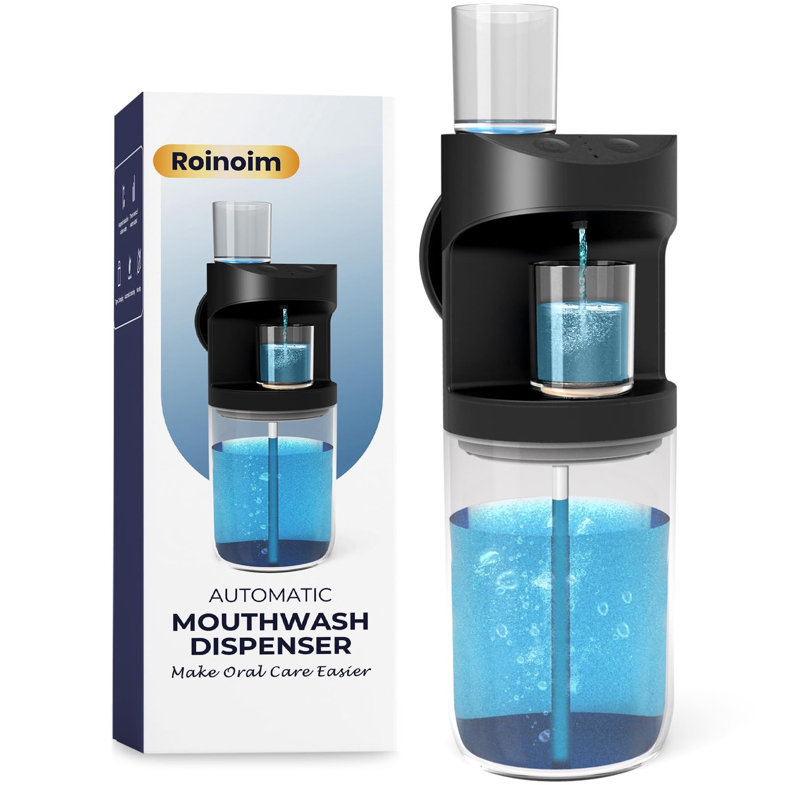 自動マウスウォッシュディスペンサー 550ml 21オンス マウスウォッシュディスペンサー バスルーム用 マグネットカップ付き 3段階分配 長時間待機時間 ブラック ブラック
