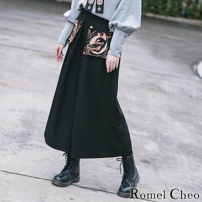 RomelCheo】狐仙 刺繍 ガウチョ パンツ ワイド 袴 九分丈