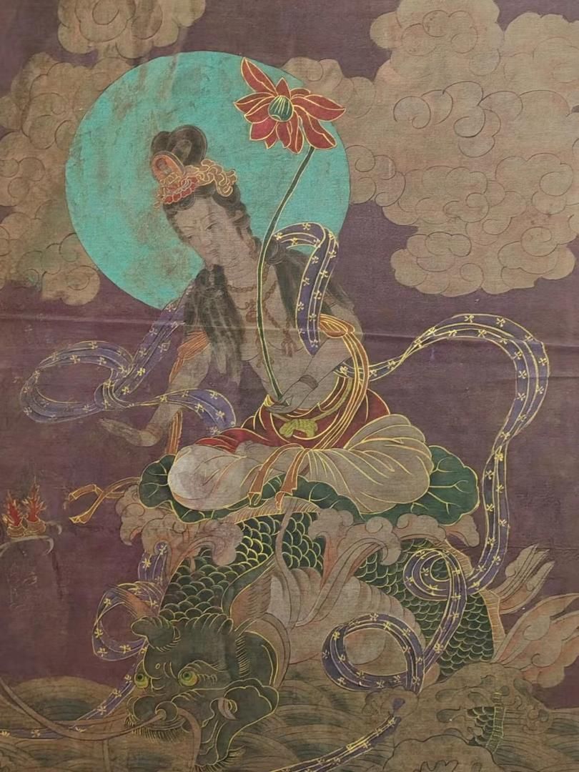 中国古美術・純手描き人物画芯・觀音画像・丁観鵬印款・肉筆