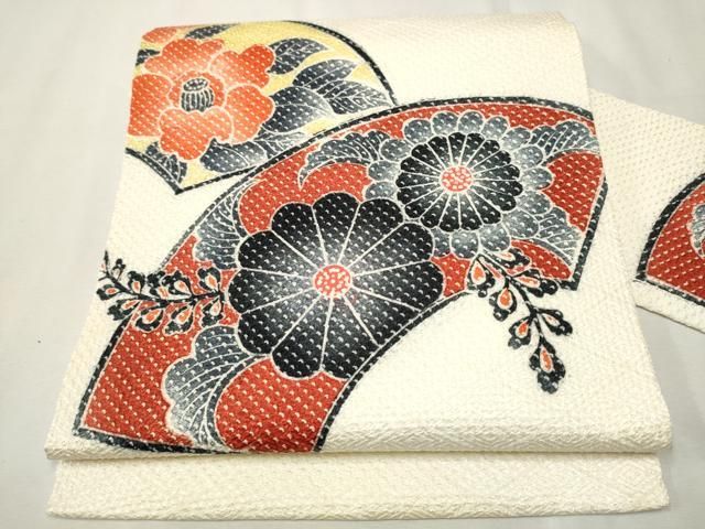 平和屋着物●名門　藤娘きぬたや・総絞り　九寸開き名古屋帯　舞花文　正絹　逸品　CABD5862hy 帯 九寸名古屋帯 藤娘きぬたや 染め帯 総絞り帯 花模様 のし柄 花