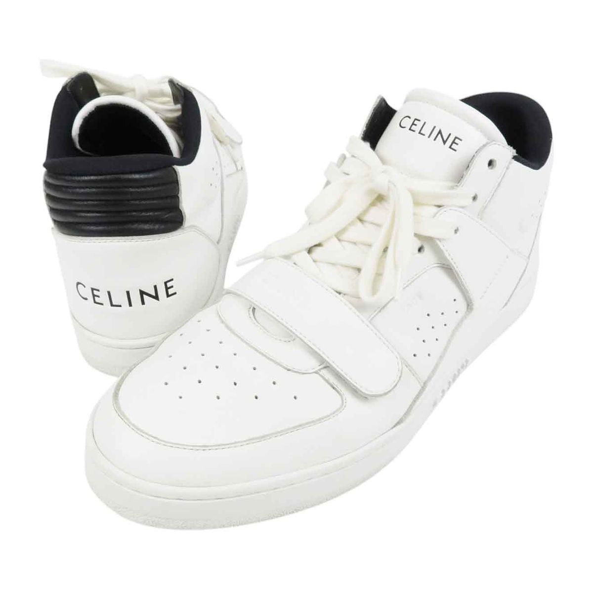 セリーヌ CT-02 ベルクロストラップ ミッドスニーカー FA0262 レザー メンズ ホワイト ブラック CELINE【中古】 【アパレル・小物】