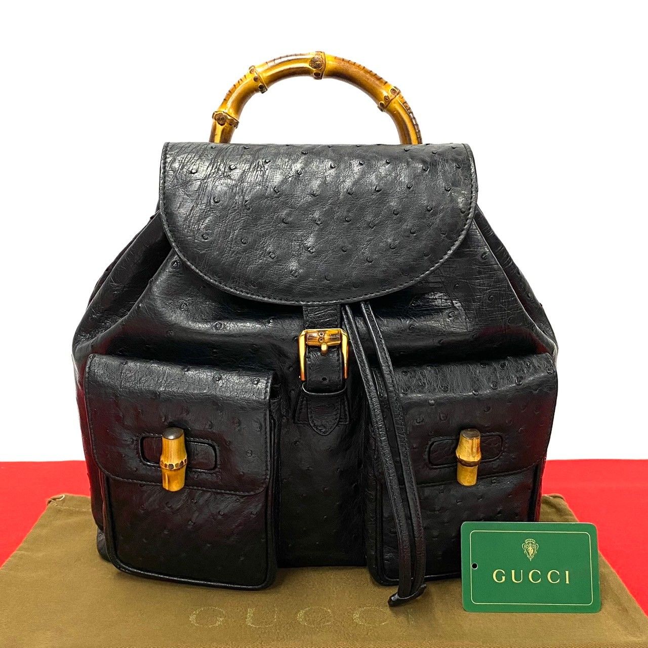 ほぼ未使用 GUCCI グッチ オールドグッチ ヴィンテージ バンブー オーストリッチ レザー 本革 リュックサック デイパック ブラック 105-  - メルカリ