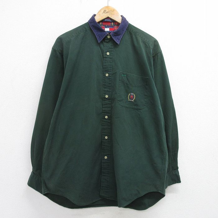 XL/古着 トミーヒルフィガー 長袖 ブランド シャツ メンズ 90s ワンポイントロゴ コットン 襟コーデュロイ 緑 グリーン 24aug26 中古 トッ