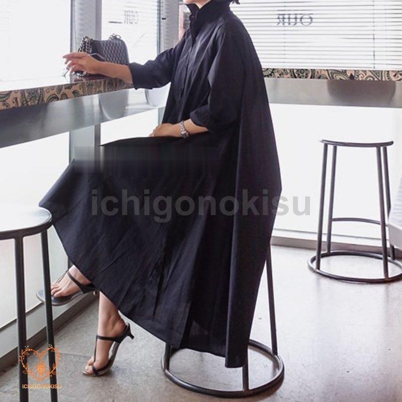 2色 ワンピース レディース ロング シャツ ワンピ フレア 長袖 オーバーサイズ トップス かっこいい シンプル 黒 白 無地 シャツワンピース ロングワンピース