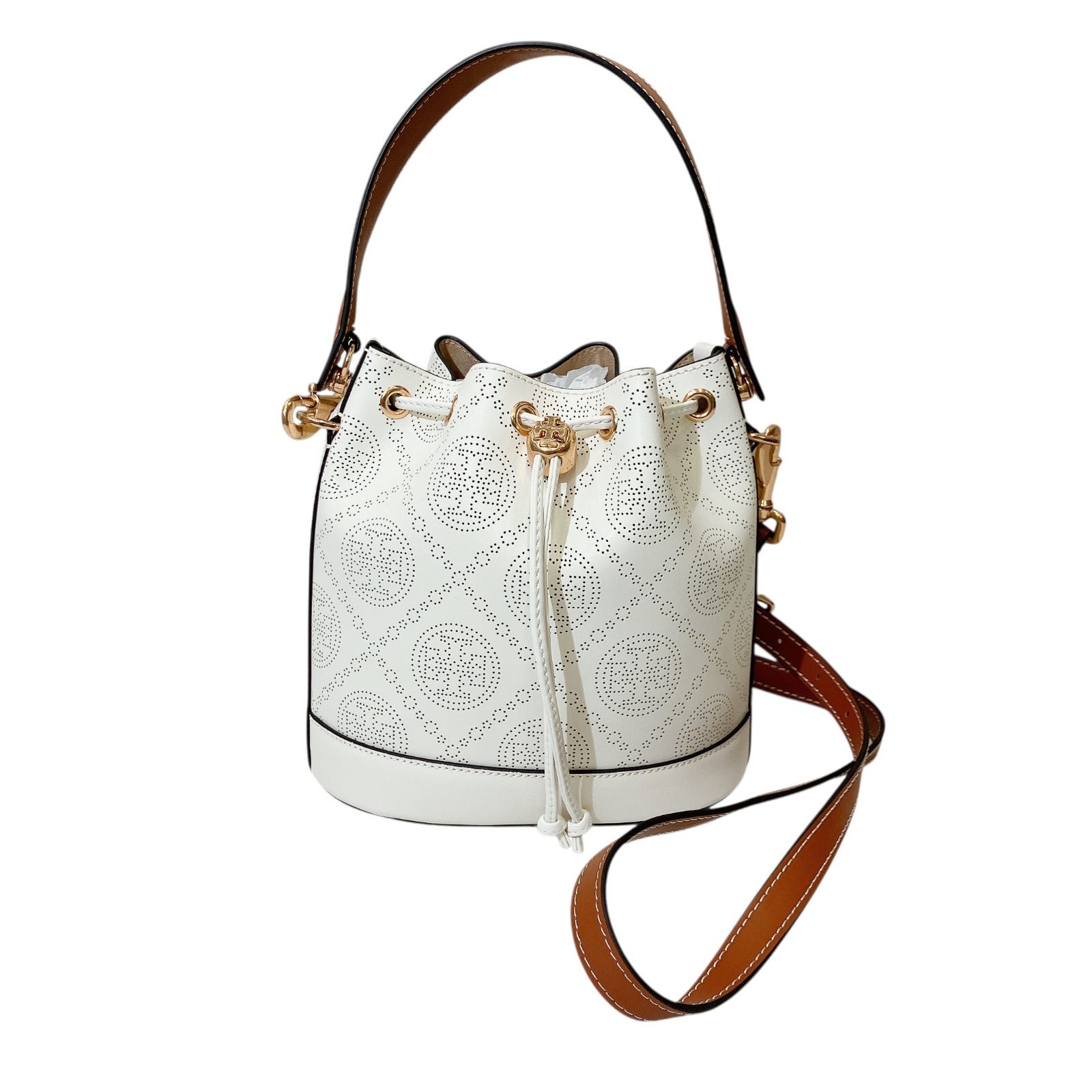 C341 TORY BURCH トリーバーチ Tモノグラム バケットバッグ 2way ハンドバッグ ショルダーバッグ オフホワイト レディース ブランド バッグ
