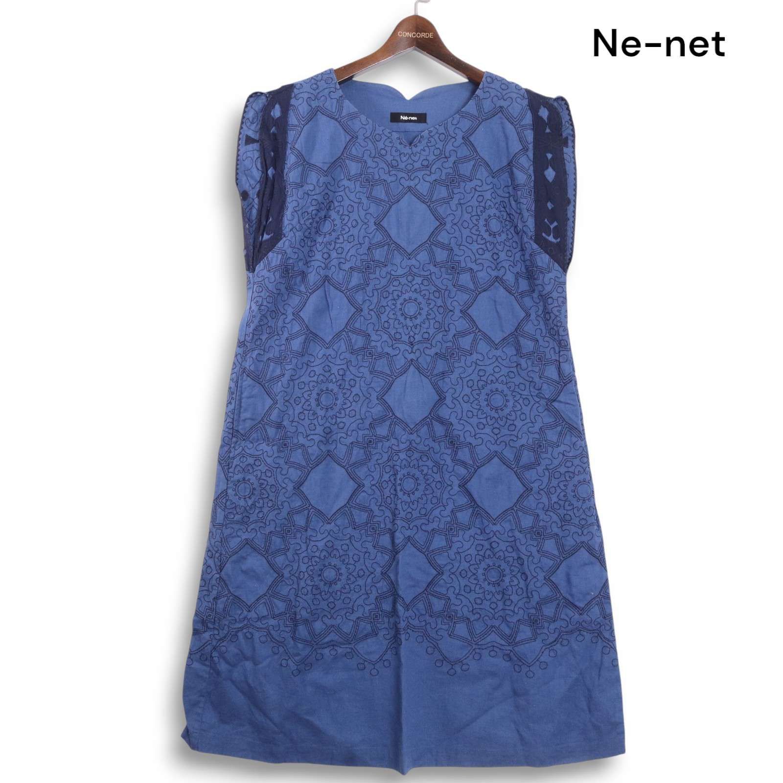 値下げ❗️【美品】45rpm ワンピース　麻　紺色　ノースリーブ　3 Ne-net ネネット 春夏☆ 麻 リネン 幾何学模様 刺繍