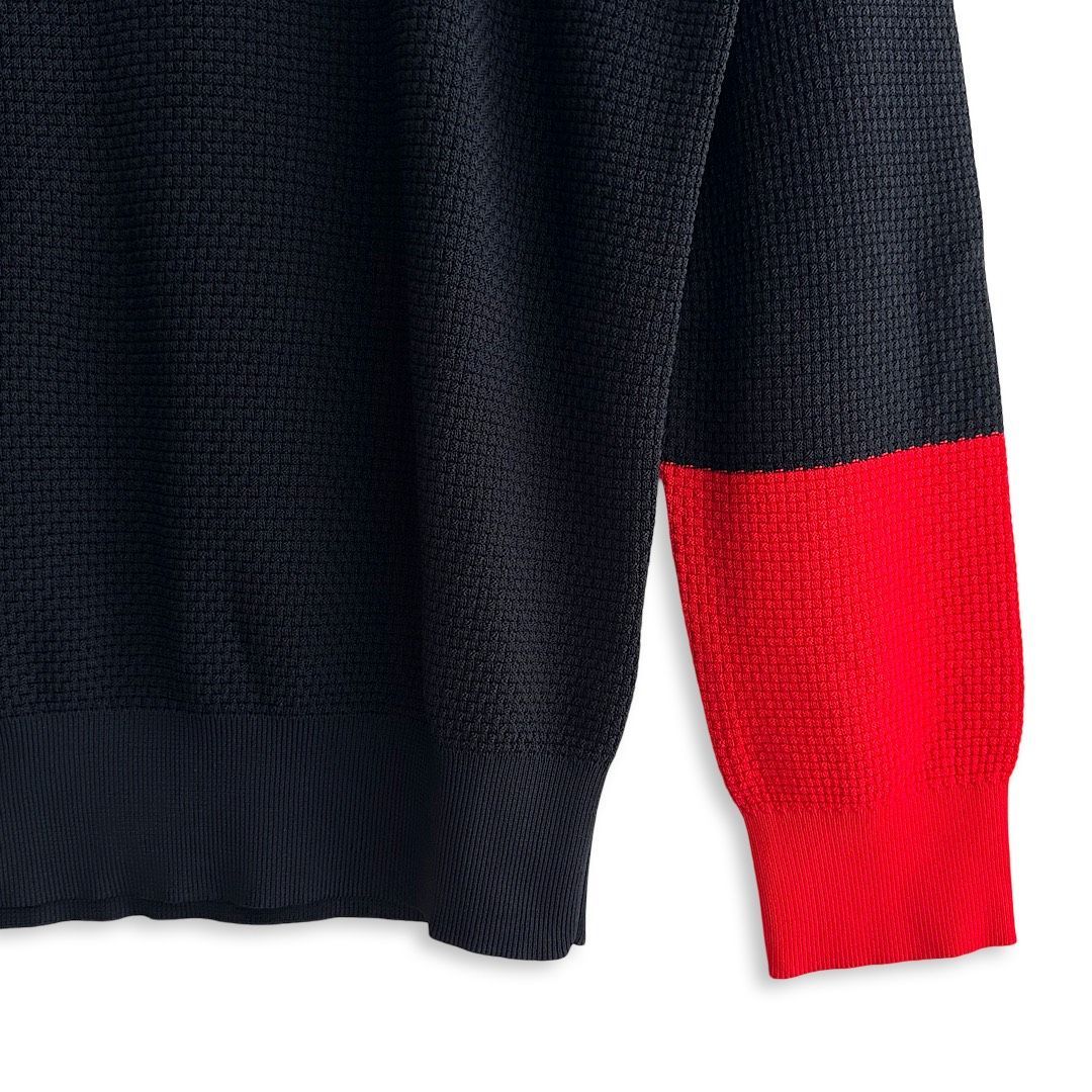 準備万端の PEARLY GATES パーリーゲイツ 定価33 000円 メンズ ワッフルニット セーター ダークネイビー×レッド 長袖 ロゴ ゴルフウェア トップス サイズ4 Mサイズ