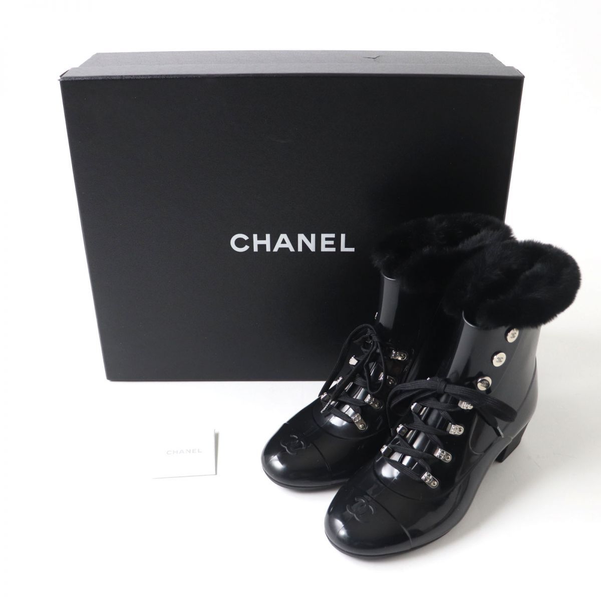 美品★CHANEL シャネル ココマーク・ファー付き レースアップ レインショートブーツ／ラバーブーツ ブラック×シルバー金具 37 箱付き