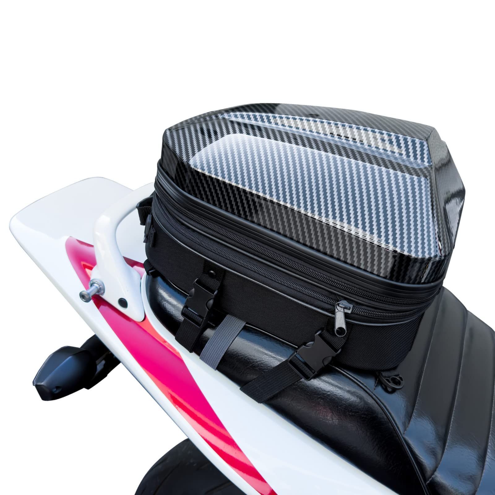 商品 Ray Leaf シートバッグ カーボンツーリングバッグ 18-23L大容量 ヘルメットバッグ 拡張機能あり 仕分ポケット内蔵 撥水 防水 耐傷 簡単固定 リュック式の2WAY ショルダーストラップ付き 防水カバー付き