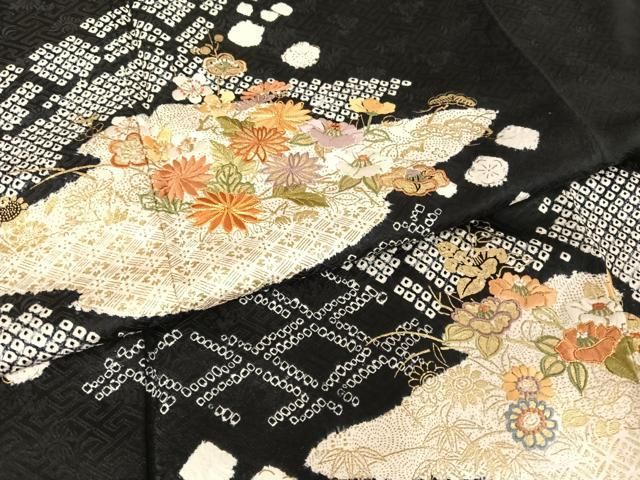 平和屋着物○創業460年・千總 訪問着 駒刺繍 絞り 霞草花文 黒地