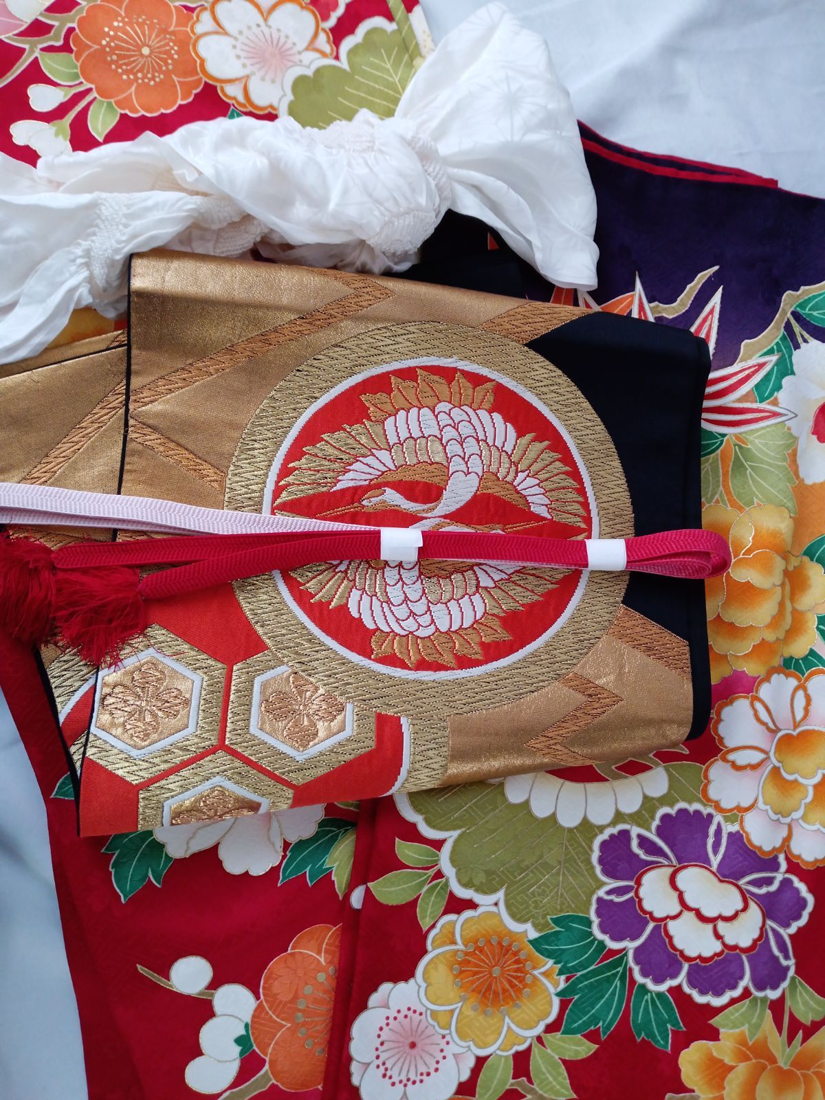 506ag52□七五三 七歳 女児 着物&袋帯 銀駒刺繍 鳳凰□状態良好