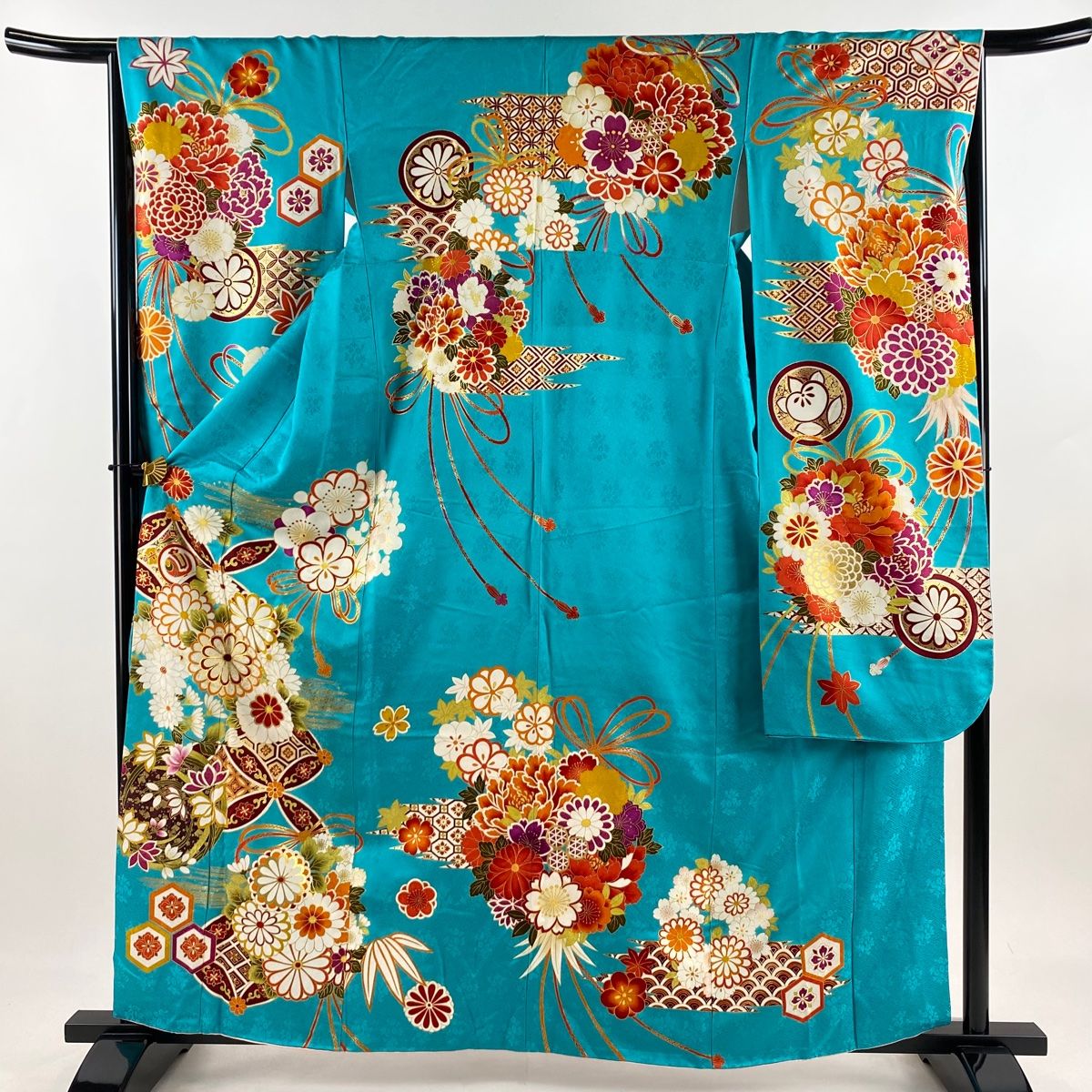 振袖 身丈160.5cm 裄丈65cm M 袷 菊 花丸文 金糸 金彩 水色 正絹 名品