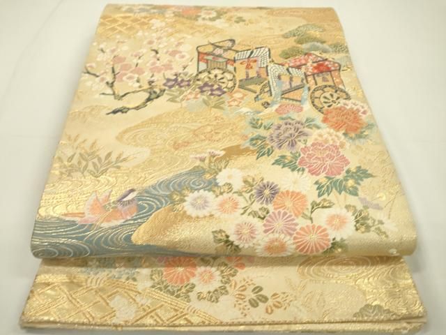 平和屋着物◎六通柄袋帯 唐織 扇面花文 金糸 正絹 逸品 BAAU5462hv