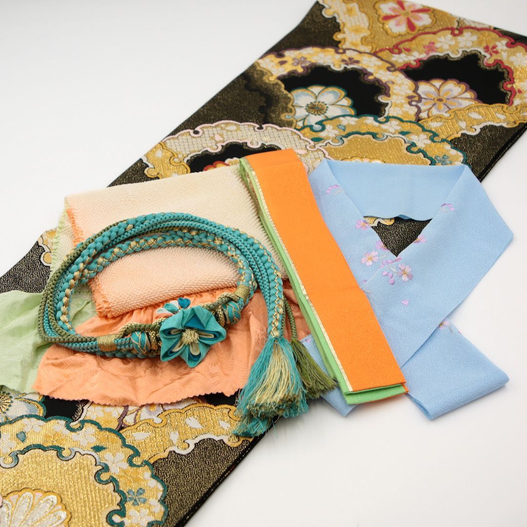 振袖フルセット 振袖セット 振袖 Lサイズ 中古 紺×レトロ 美品