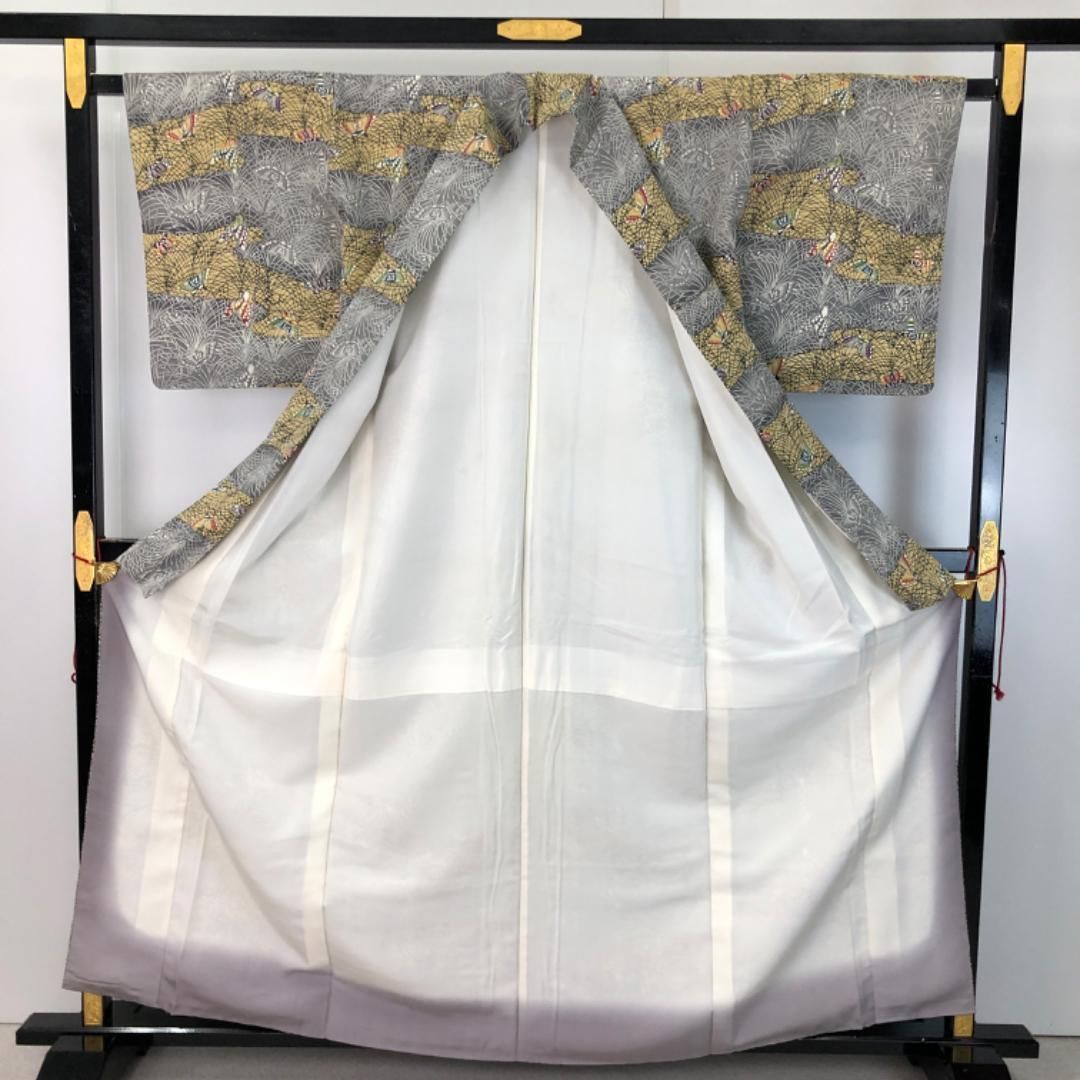 小紋 手染紅型 蝶々 灰色 濱縮緬 しつけ糸 ふくよかサイズ K-5435