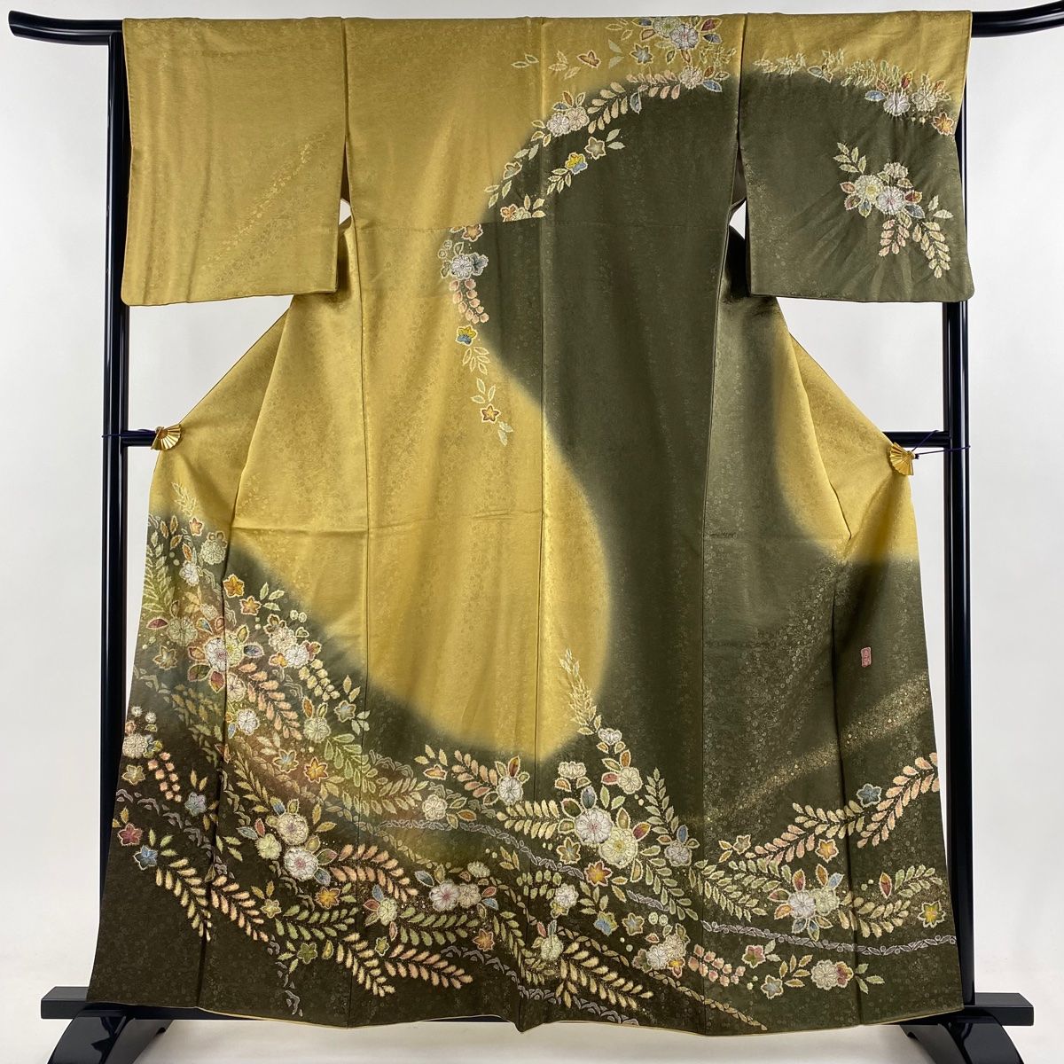 訪問着 身丈159.5cm 裄丈65.5cm M 袷 徳永憲峯 落款 辻が花 銀通し 金彩 山吹茶色 正絹
