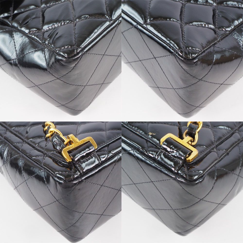 【CHANEL】シャネル チェーンリュック マトラッセ エナメル 黒 レディース