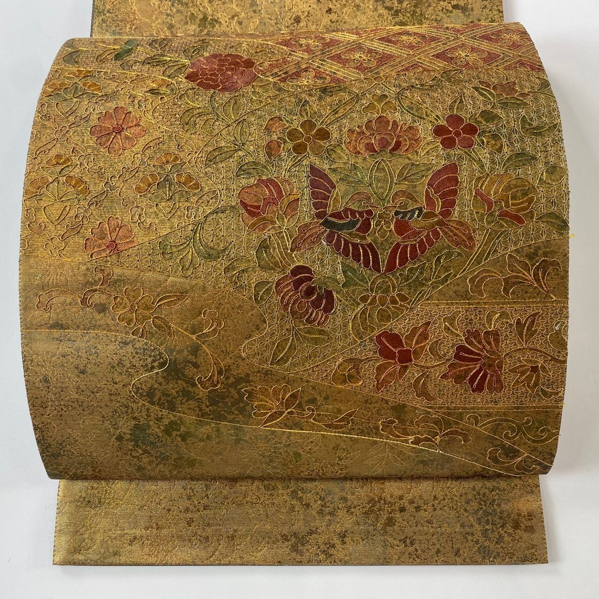 袋帯 秀品 向鳥 草花 金糸 刺繍 金色 お太鼓柄 正絹