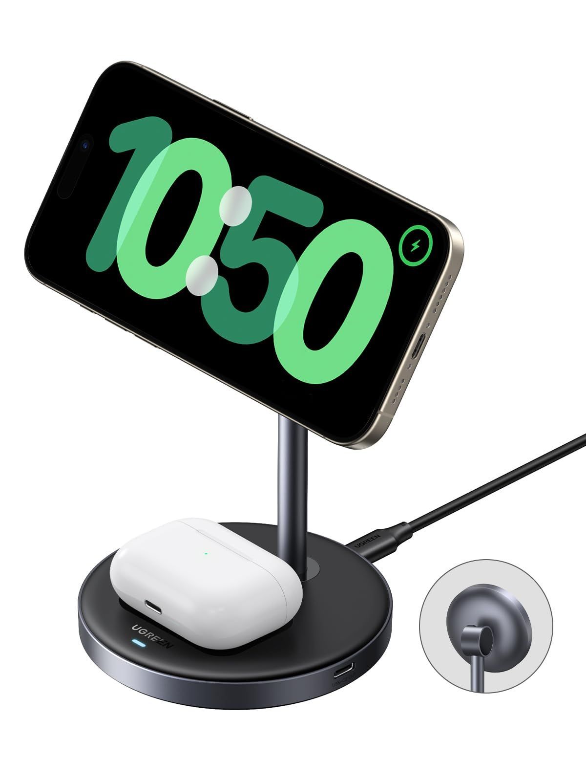 UGREEN MagFlow Qi2 ワイヤレス充電器 2 in 1 magsafe対応 15W急速充電 2台同時充電 マグセーフ スタンド型 iPhone 16|15|14|13| 12|mini|Pro|Pro Max AirPods Pro|3