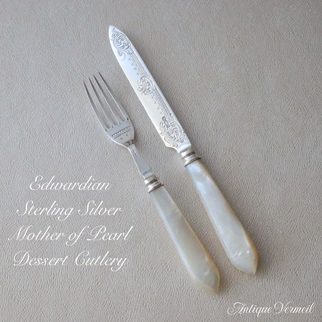 英国銀器 白蝶貝 純銀デザートナイフ＆フォーク Thomas Levesley 1911
