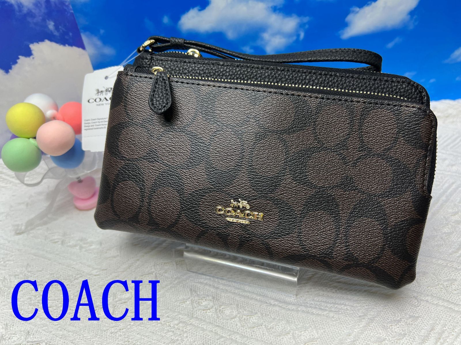 コーチ COACH 財布 長財布 シグネチャー ダブル ジップ ウォレット シグネチャー キャンバス ポーチ ペブルレザー ラグジュアリー リストレット ブラウン×ブラック プレゼント 贈り物 ギフト メンズ 財布 レディース ブランド C5576 353D