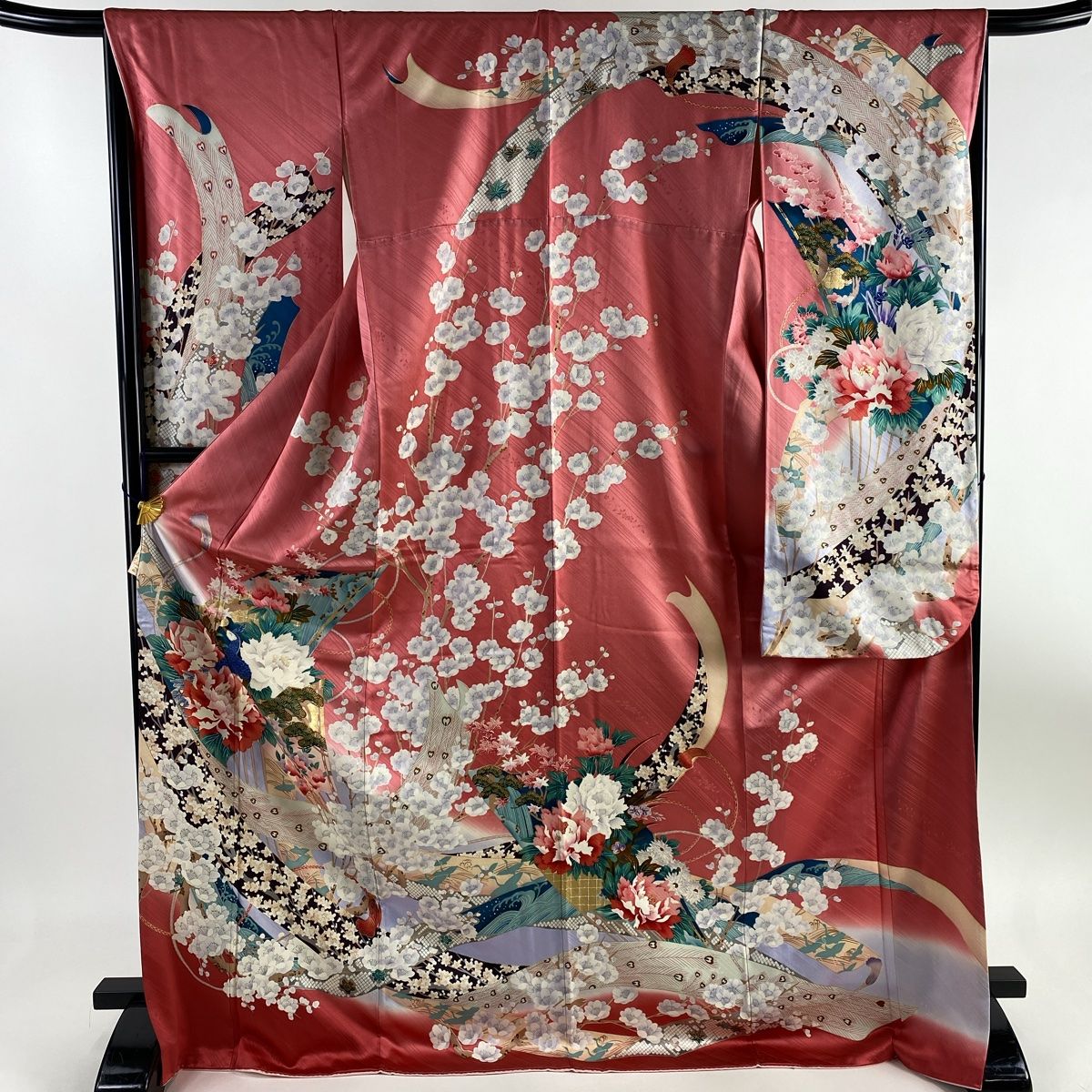 本物の 紺色 染め分け 金彩 桜 鼓 袷 M 裄丈66cm 身丈171cm 振袖 正絹