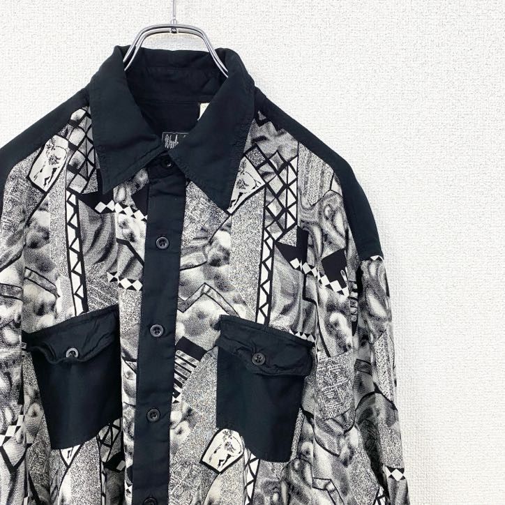 【レトロ古着◎一点物】半袖ループネクタイシャツ 総柄シャツ 幾何学模様 黒 M ネクタイシャツ 半袖シャツ 柄シャツ 総柄 シルクネクタイ M