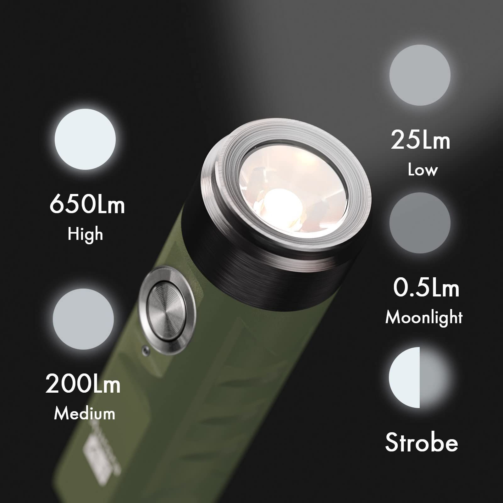 【まもなく終了】キーリング懐中電灯 650 ルーメン A1 超高輝度 アウトドア EDC Aurora ミニ充電式 LED 懐中電灯 RovyVon 毎日持ち運べる小型トーチ (ミリタリーグリーン)