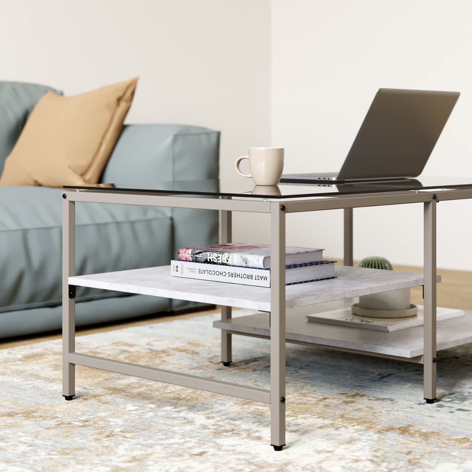 【人気おしゃれ】 ガラステーブル 二段収納 強化ガラス センターテーブル 収納付き おしゃれ ローテーブル リビング 一人暮らし HOMOOI 幅100×奥行60×高さ45cm 岩グレー