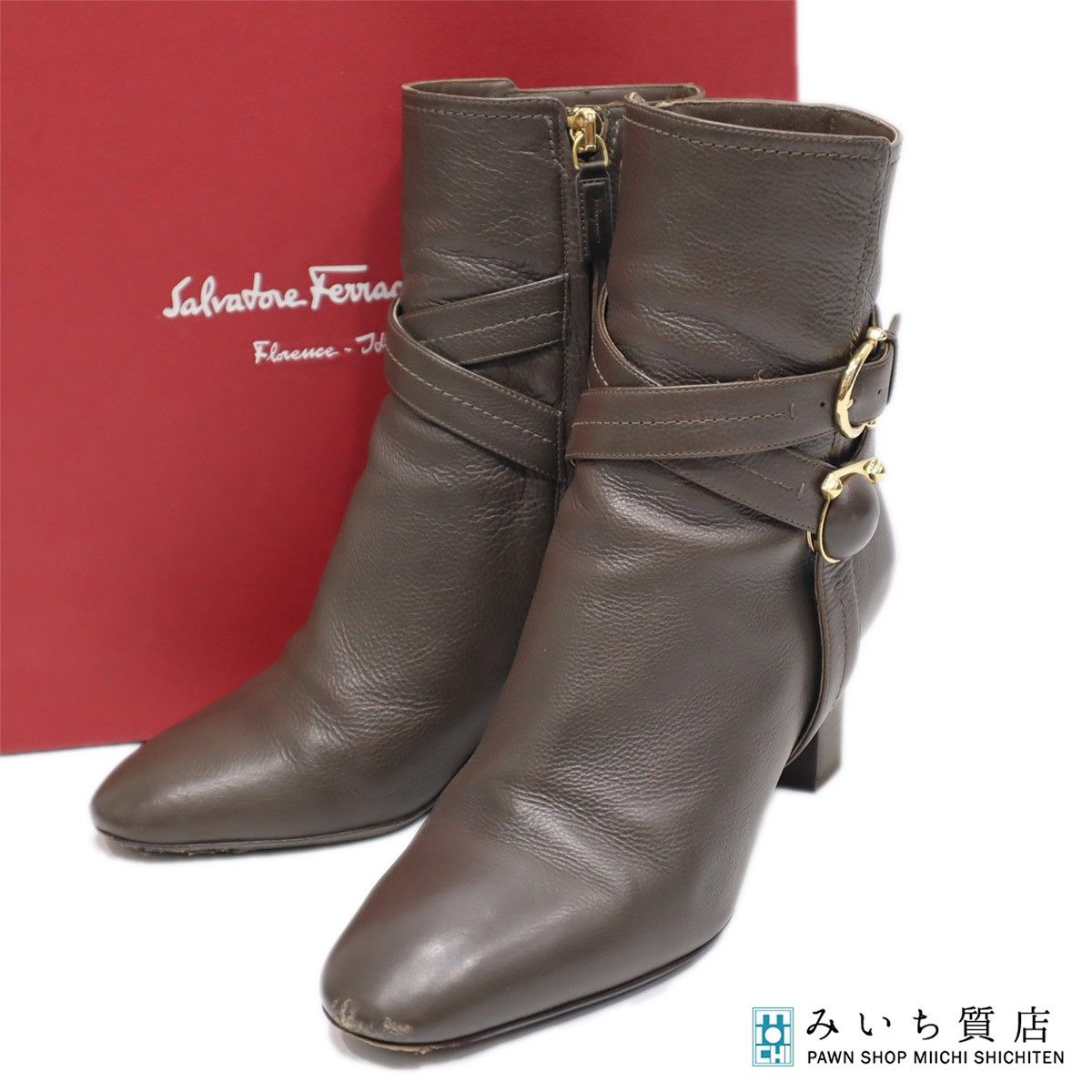 Salvatore Ferragamo フェラガモ ブーツ ショートブーツ FE05335 カーキ系 6 1|2サイズ レディース 箱有 21k352-4