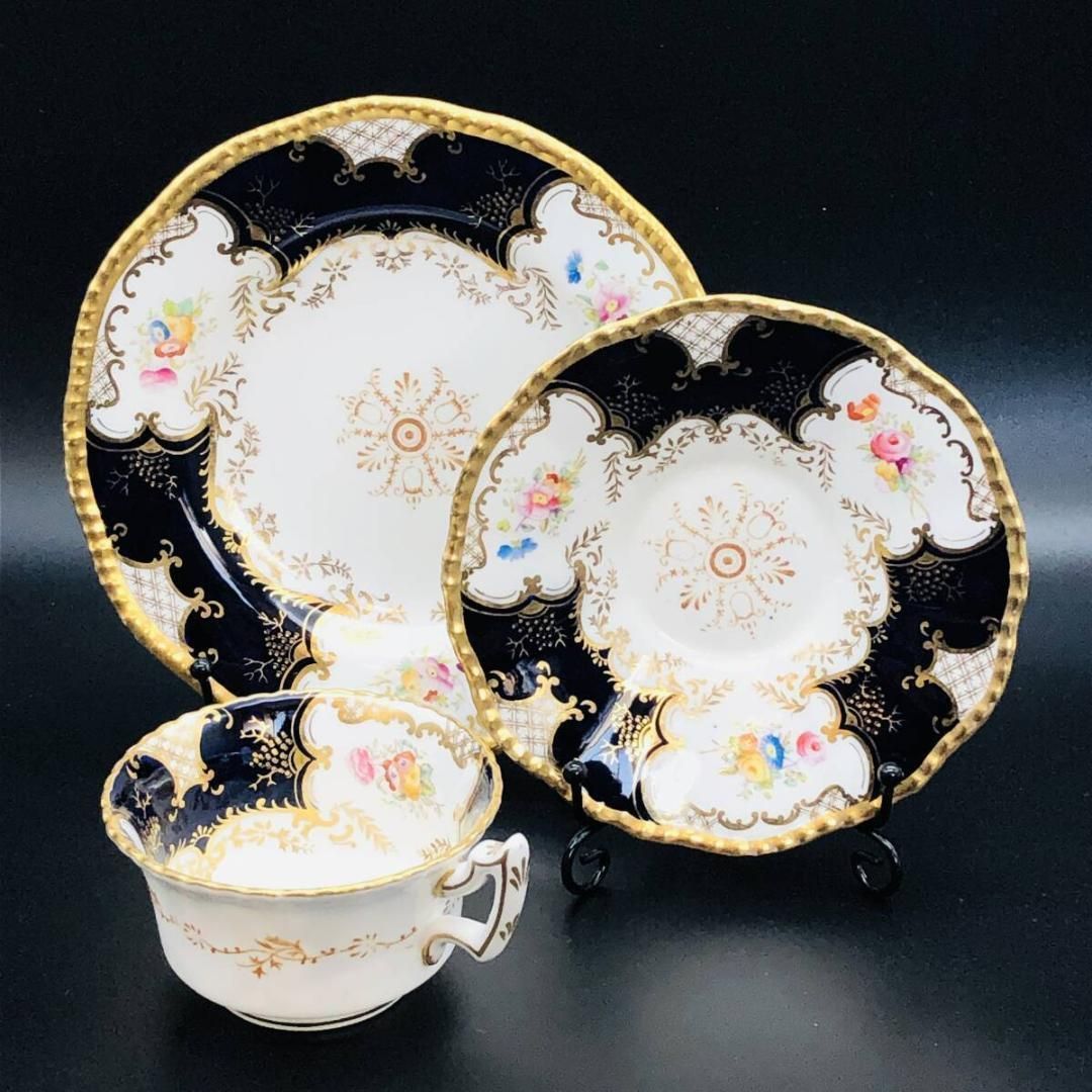 英国 アンティーク コールポート バットウィング トリオセット カップ ソーサー ケーキ皿 ハンドペイント イギリス Coalport コバルト POP_24 B