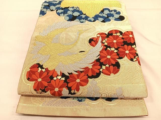 平和屋着物 六通柄袋帯 群鶴流水草花文 金糸 正絹 逸品 AAAM7861fw(