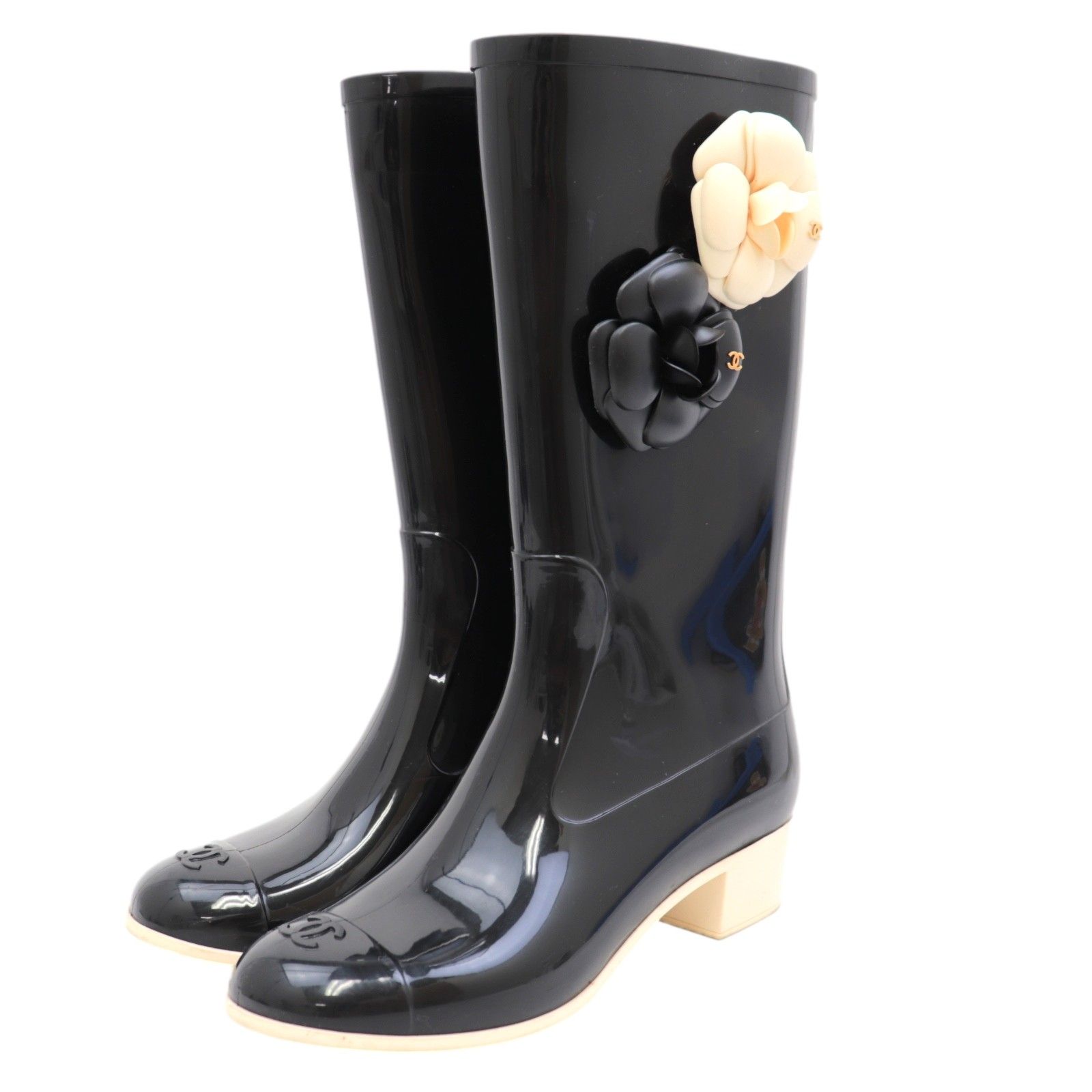 シャネル カメリア ラバーレインブーツ レディース 黒