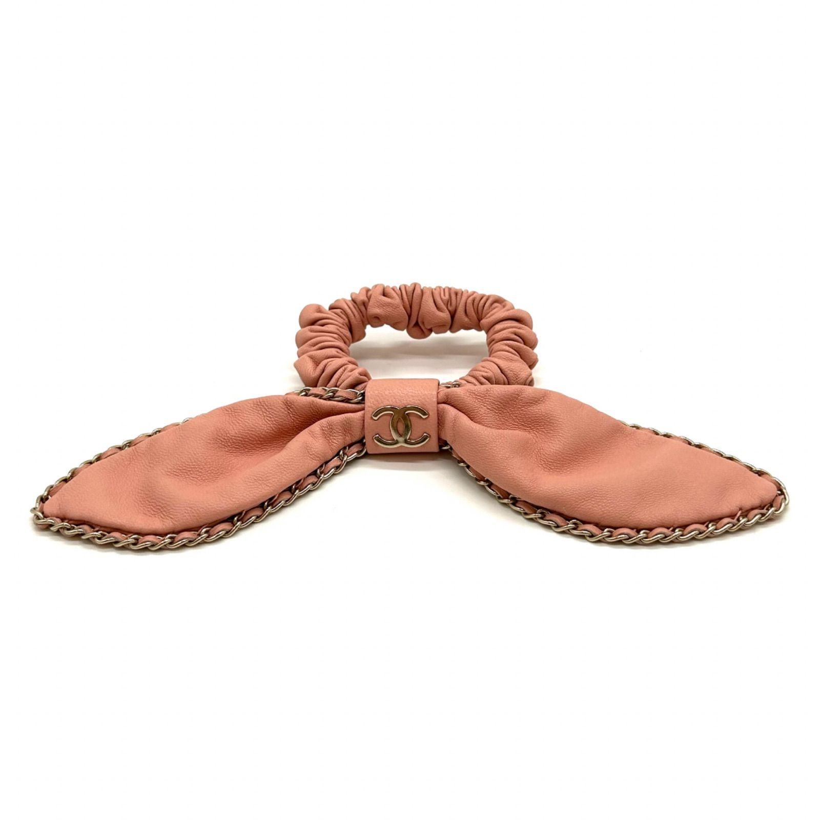 CHANEL シャネル ココマーク ヘアゴム A22S ピンク レザー チェーン シュシュ レディース ヘア