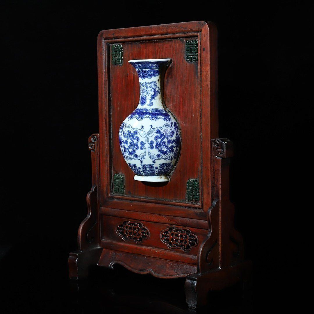 青花磁 屏風 花瓶屏風黄花梨木 花梨木 細密細工 中国美術 置物