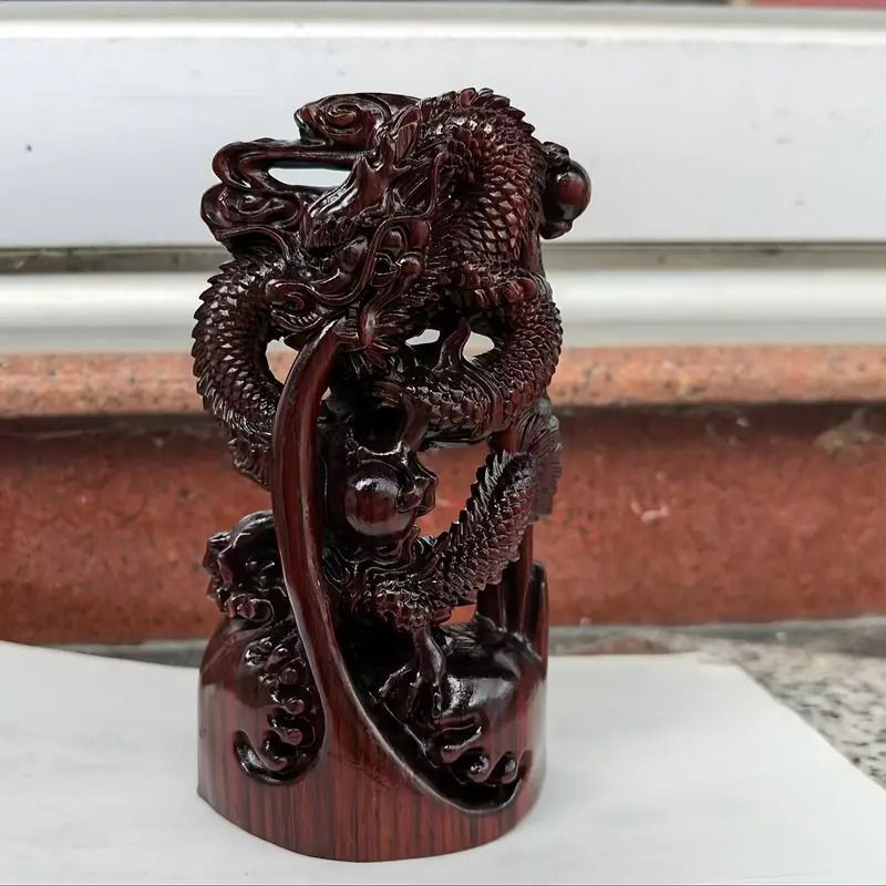大型　龍　戯れ　木彫　置物　彫刻 開運 金運　骨董 インテリア アンティーク 龍神 木 木製 黒壇 彫刻 50cm 風水 4本爪 置物 開運 恋愛 幸運