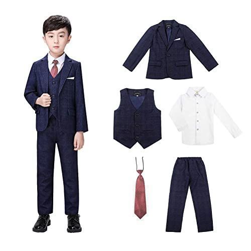 110_ネイビー（5点セット） [WEEN CHARM] 男の子 フォーマルスーツ 子供 スーツ ボーイズ チエック柄 キッズ 千鳥柄 4点セット 発表会 七五三 結婚式 かっこいい 入学式 卒業式 90~150